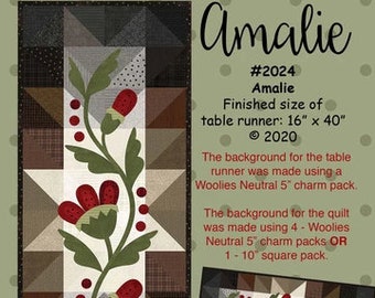 Wool Applique Pattern, Amalie, Quilted Wool, Table Runner, Wool Quilt, Wool Art, Primitive Decor, Bonnie Sullivan PATTERN ONLY