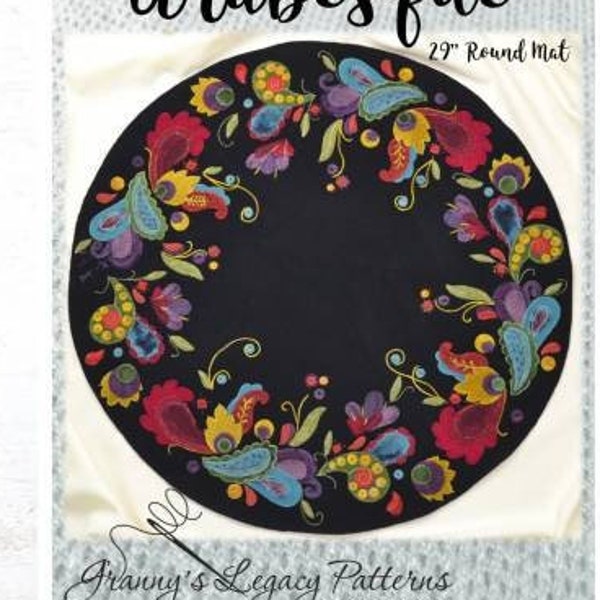 Wool Applique Pattern, Arabesque, Round Table Mat, Wool Art, Primitive Decor, Spring Decor, Flowers, Granny's Legacy Patterns, PATTERN ONLY