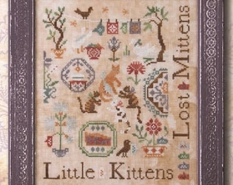 Counted Cross Stitch Pattern, Three Little Kittens, Nursery Rhyme, Garden Decor, Cottage Chic, Quaker Motifs, Ink Circles, PATTERN ONLY