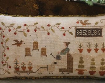 Counted Cross Stitch Pattern, The Potting Shed, Garden Decor, Bee Skeps, Primitive Decor, Strawberry Vines, Brenda Gervais, PATTERN ONLY