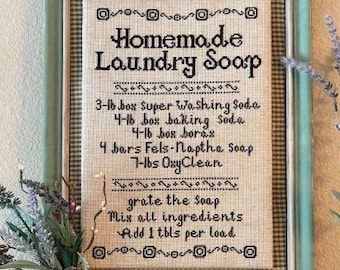 Counted Cross Stitch Pattern, Homemade Laundry Soap Recipe, Laundry Room Sampler, Monochromatic, Goodman Strobl Creates, PATTERN ONLY