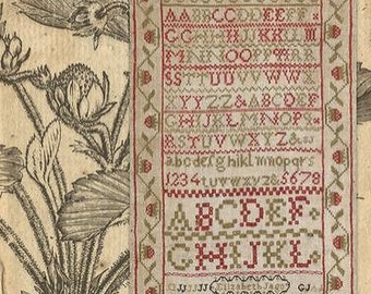 Counted Cross Stitch Pattern, Elizabeth Jago, Strawberry Sampler, Reproduction Alphabet Line Sampler, Shakespeare's Peddler, PATTERN ONLY