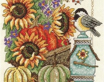 Counted Cross Stitch Pattern, Fall Basket, Autumn Decor, Chickadee, Sunflowers, Pumpkin, Diane Arthurs, Imaginating, PATTERN or KIT ONLY