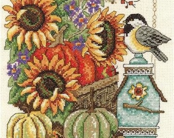 Counted Cross Stitch Pattern, Fall Basket, Autumn Decor, Chickadee, Sunflowers, Pumpkin, Diane Arthurs, Imaginating, PATTERN or KIT ONLY