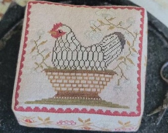 Counted Cross Stitch Pattern, Big Chicken Little Chicken Pinkeep, Primitive Decor, Flower Basket, Hen, Stacy Nash Designs, PATTERN ONLY