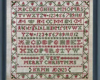 Counted Cross Stitch Pattern, Very Merry Christmas with Agnes, Duo chromatic, Alphabet Line Sampler, Violets & Sunshine, PATTERN ONLY