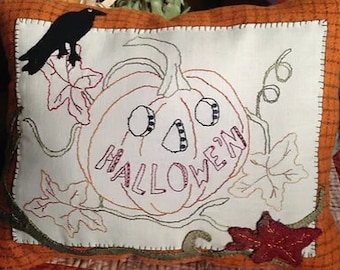 Embroidery Pattern, Hallowe'n, Embroidery, Halloween Decor, Crow, Pumpkin, Autumn Leaves, Fall Decor, 1894 Cottonwood House, PATTERN ONLY