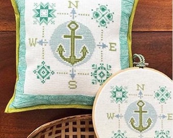 Counted Cross Stitch Pattern, Anchored Life, Beach Decor, Anchor, Compass Points, Pillow Ornament, Bowl Filler, Robin Pickens, PATTERN ONLY