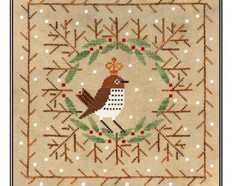 Counted Cross Stitch Pattern, Winter Wood Thrush, Holly Berries, Leaf Motifs, Twigs, Bird, Folk Art, Artful Offerings, PATTERN ONLY