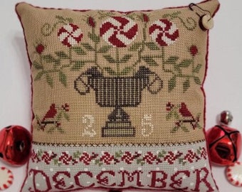 Counted Cross Stitch Pattern, Peppermint Urn, Christmas Decor, Pillow Ornament, Bowl Filler, Cardinals, Quaint Rose Needlearts, PATTERN ONLY