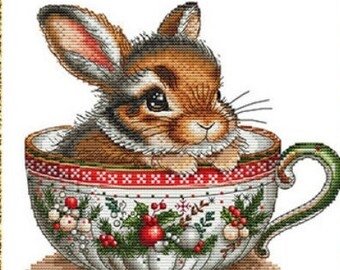 Counted Cross Stitch Pattern, Christmas Animal Cups, Rabbit, Christmas Decor, Teacup, Cottage Chic, Les Petites Croix de Lucie, PATTERN ONLY