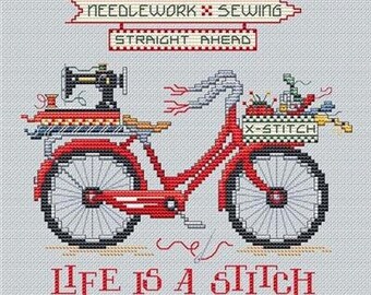 Counted Cross Stitch Patterns, Life is a Stitch, Joy in the Journey Series,  Sewing Machine, Bike, Sue Hillis Designs, PATTERN ONLY