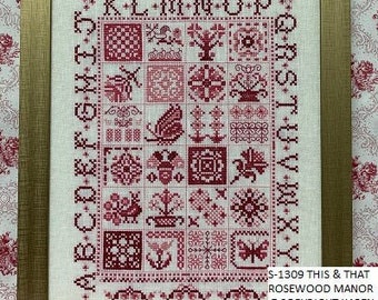 Counted Cross Stitch Pattern, This & That, Sampler, Monochromatic, Alphabet Sampler, Red Work, Flower Motifs, Rosewood Manor, PATTERN ONLY