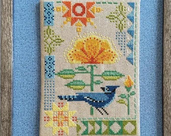 Counted Cross Stitch Pattern, Seasonal Courier: Blue Jay's Summer, Poppies, Summer Decor, Pillow Ornament, Sun, Robin Pickens, PATTERN ONLY