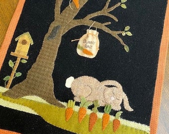 Wool Applique Pattern, Bunny Bait, Table Runner, Spring Decor, Rabbit, Nighttime, Carrots, Birdhouse, Tree, Nutmeg Hare, PATTERN ONLY
