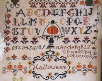 Counted Cross Stitch Pattern, Halloween Sampler, Halloween Decor, Pumpkin Motifs, Alphabet Sampler, Witch, Cuore e Batticuore, PATTERN ONLY