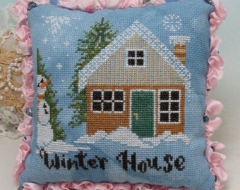 Counted Cross Stitch Pattern, Winter House, Winter Decor, Snowman, Evergreens, Cottage Chic, KiraLyn's Needlearts, PATTERN ONLY