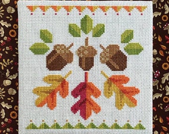Counted Cross Stitch Pattern, Acorn Trio, Autumn Decor, Pillow Ornaments, Bowl Fillers, Leaves, Acorns, Robin Pickens, PATTERN ONLY