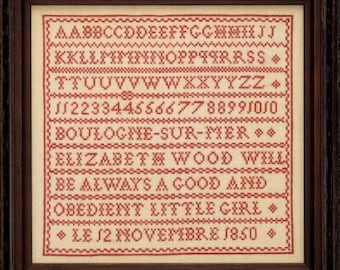 Counted Cross Stitch Pattern, Elizabeth Wood 1850, Reproduction Sampler, Antique Reproduction, Hands Across the Sea, PATTERN ONLY