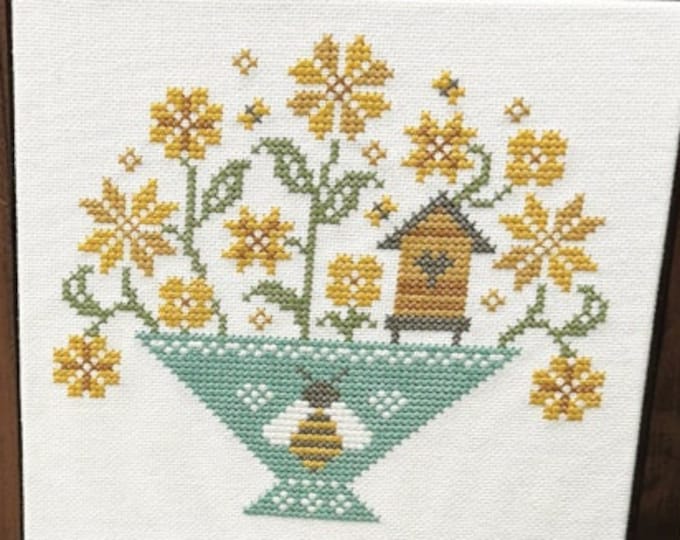 Featured listing image: Counted Cross Stitch Pattern, Honey Bee Basket, Summer Decor, Bees, Pillow Ornament, Primrose Cottage Stitches, PATTERN ONLY