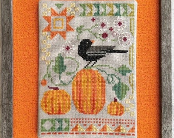 Counted Cross Stitch Pattern, Seasonal Courier: Blackbirds Autumn, Fall Decor, Pillow Ornament, Pumpkins, Vines, Robin Pickens, PATTERN ONLY