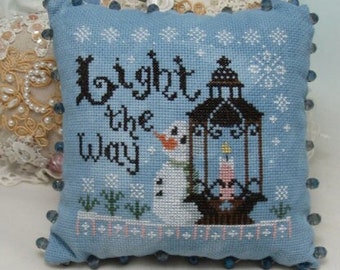 Counted Cross Stitch Pattern, Light the Way, Winter Decor, Snowman, Lantern, Pillow Ornament, KiraLyn's Needlearts, PATTERN ONLY