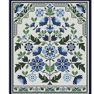 May include: Cross-stitch pattern titled "Petals of Blue" with floral design in shades of blue and green. The design includes the text "TALES FROM THE GARDEN" and "FINISHED STITCH COUNT 139W x 168H". The designer is Carolyn Manning Designs.