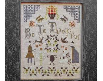 Cross Stitch Pattern, Be Ye Thankful, Cross Stitch Sampler, Thanksgiving Sampler, Pilgrims, Turkeys, Squirrels, Pineberry Lane PATTERN ONLY