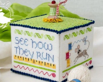 Counted Cross Stitch Pattern, See How They Run, Sewing Notion Cube, Three Mice, Lady Dot Creates, Erica Michaels, PATTERN or FINISHING KIT