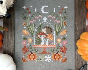 Counted Cross Stitch Pattern, Fall Bell Jar, Autumn Decor, Nature, Hedgehog, Tiny Modernist, PATTERN ONLY