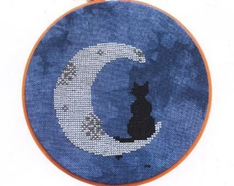 Counted Cross Stitch Pattern, 1 Cat and A Moon, NightTime, Black Cat, Cattitudes, Country Chic, Moon, Quaker Fantasies, AuryTM, PATTERN ONLY