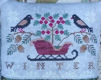 Counted Cross Stitch Pattern, Seasons, Winter, Pillow Ornaments, Bowl Fillers, Pin Keep, Seasons Series, Birds, Lila's Studio.  PATTERN ONLY