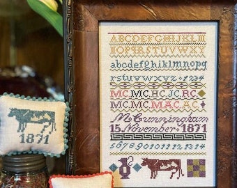 Counted Cross Stitch Pattern, M. Cunningham 1871, Reproduction Sampler, Alphabet Sampler, Red Barn Samplers, PATTERN ONLY