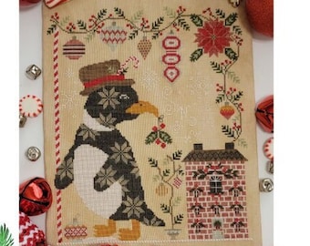 Counted Cross Stitch Pattern, Percy Penguin, Christmas Decor, Tuck Pillow, Brick House, Holly, Quaint Rose Needlearts, PATTERN ONLY