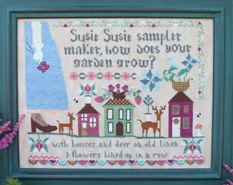 Counted Cross Stitch Pattern, Susie Susie Samplermaker, Garden Decor, Flower Border, Motifs, Deer, Mushroom,  Lindy Stitches, PATTERN ONLY