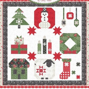 May include: A sampler quilt block pattern with a Christmas theme. The blocks feature a snowman, a Christmas tree, a stocking, a house, a sheep, candles, and ornaments. The quilt block pattern is titled "#208 Cuddle Up Sampler".