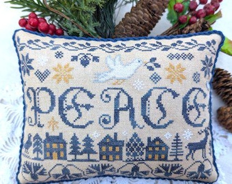Counted Cross Stitch Pattern, Peace, Christmas Decor, Dove, Village Motif, Flower Motifs, Pillow Ornament, Lila's Studio, PATTERN ONLY