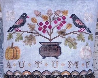 Counted Cross Stitch Pattern, Seasons, Autumn, Pillow Ornaments, Bowl Fillers, Pin Keep, Seasons Series, Birds, Lila's Studio.  PATTERN ONLY