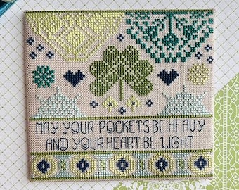 Counted Cross Stitch Pattern, Heavy Pockets, Light Heart, St. Patrick's Day Quaker, Pillow Ornament, Shamrocks, Luhu Stitches, PATTERN ONLY
