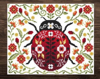 Counted Cross Stitch, Ladybug Love, Spring or Summer Decor, Pillow, Flower Motifs, Shannon Christine Designs, PATTERN ONLY