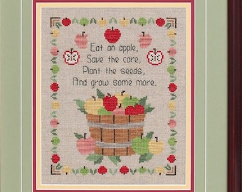 Counted Cross Stitch, Eat An Apple, Autumn Decor, Basket, Inspirational, Motif Border, Cheryl Granda, Glendon Place, PATTERN ONLY