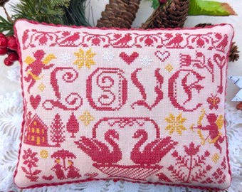 Counted Cross Stitch Pattern, Love, Valentine's Day Decor, Swans, Cherub Motifs, Flower Motifs, Pillow Ornament, Lila's Studio, PATTERN ONLY