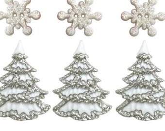 White Christmas, Christmas Collection, Snow Glittered Trees, Snowflakes, Two Hole Buttons, Shank Buttons, Buttons Galore & More, #4825