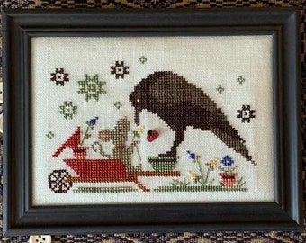 Counted Cross Stitch Pattern, Garden Friends, Crow, Mouse, Spring Decor, Pillow Ornament, Bowl Filler, Stitches by Ethel, PATTERN ONLY
