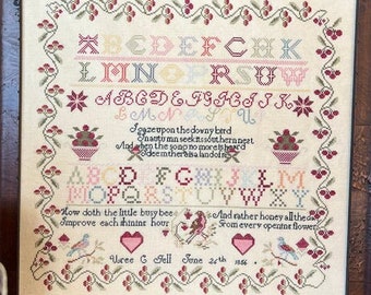 Counted Cross Stitch Pattern, Uree C. Fell 1856, Alphabet Sampler, Flower Motif Border, Birds, Red Barn Samplers, PATTERN ONLY