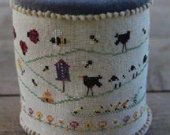 Counted Cross Stitch Pattern, It's Spring Fever, Spring Decor, Bees, Crows, Sheep, Farm Animal Motifs Pin Drum, Thistles, PATTERN ONLY