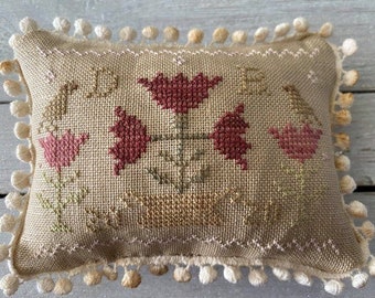 Counted Cross Stitch Pattern, Prim Flowers, Rustic Primitive, Tulips, Pillow, Bowl Filler, Ornament, Frog Cottage Designs, PATTERN ONLY