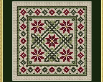 Counted Cross Stitch Pattern, Celtic Poinsettias for Christmas, German Style, Pillow Ornament, Happiness is Heart Made, PATTERN ONLY