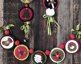 Wool Applique Pattern, Wool Christmas Ornaments, Christmas Decor, Cardinal, Santa, Candy Cane, Wreath, Under the Garden Moon, PATTERN ONLY