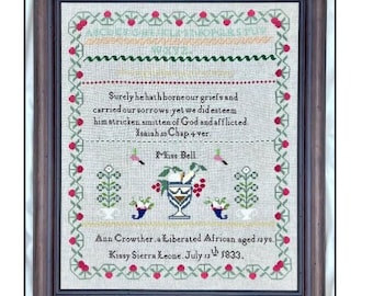 Counted Cross Stitch Pattern, Ann Crowther 1833, Alphabet, Flower Motifs, Reproduction Sampler, Arlene Cohen, Works by ABC, PATTERN ONLY